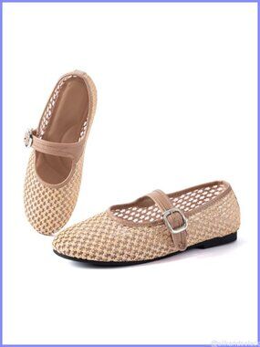 Woven Mesh Ballet Flats Round Toe Buckle Strap Mary Jane Slip-On Shoes